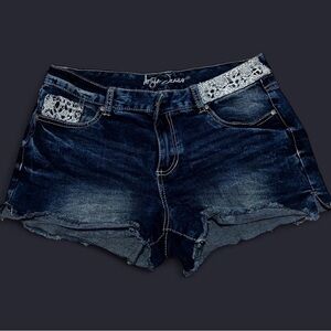 Dark Blue Women's Denim Crochet-Trim Jean Shorts